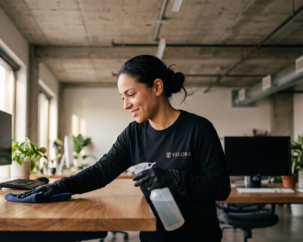 Technician disinfecting a high-touch surface